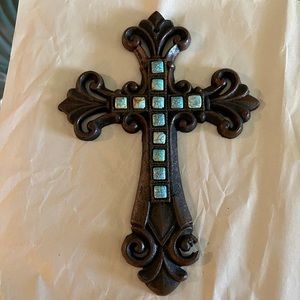 Vintage Teal Turquoise Fleur De Lis Cast Iron Decorative across